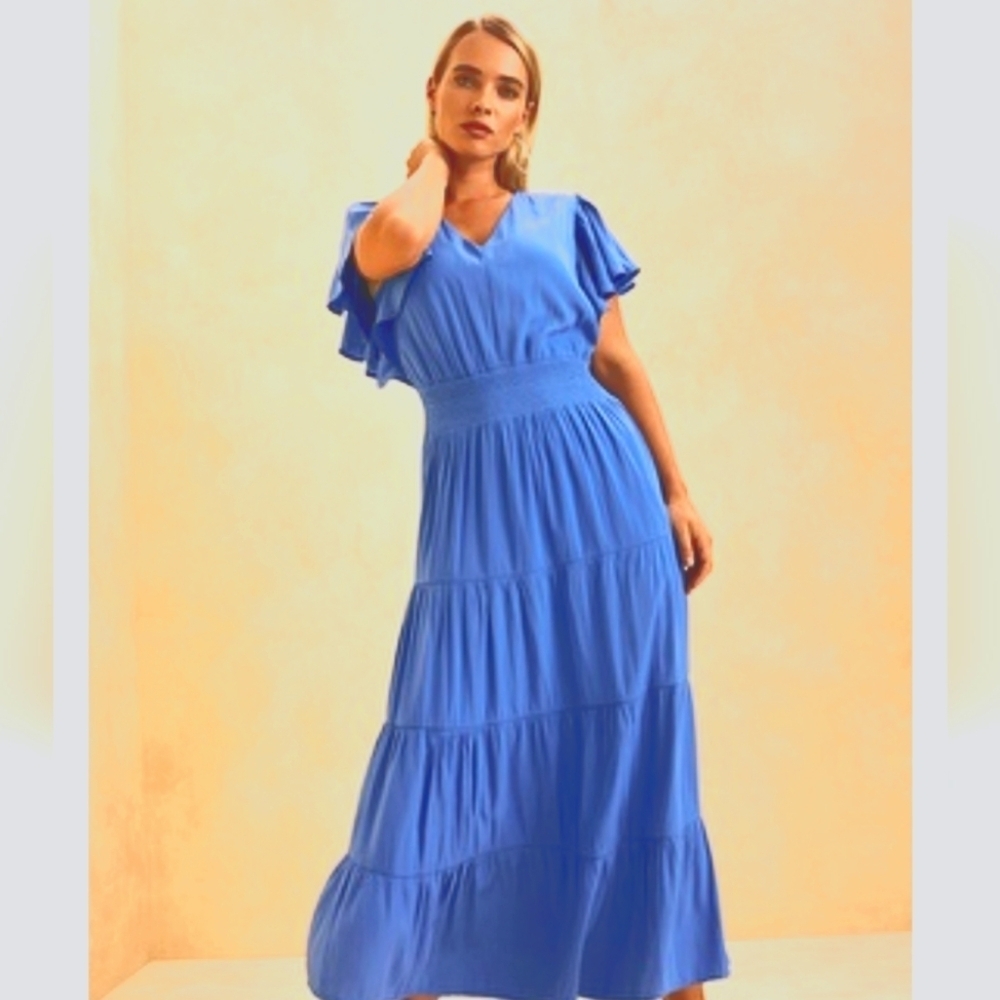 Chicos PETITE Flutter SLEEVE Tiered Elegant Blue Maxi Dress SZ 000 size Xs